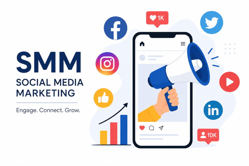 “Social Media Marketing (SMM) illustration with smartphone, social media icons, and digital growth concept”
